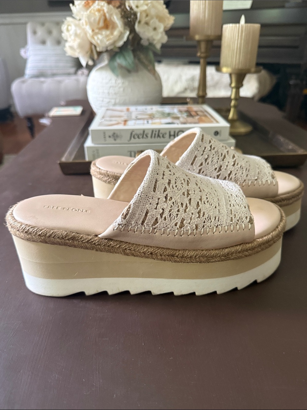 Free People Cream Crochet Platform Slide Mules